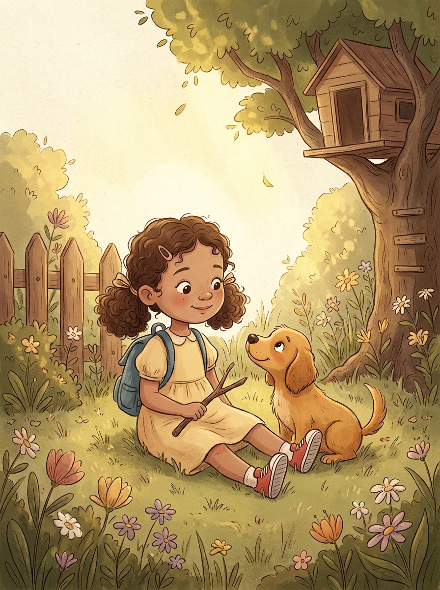 Children's story illustration of a girl and puppy