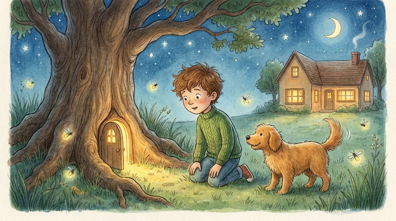 Child and dog discovering a little magical door