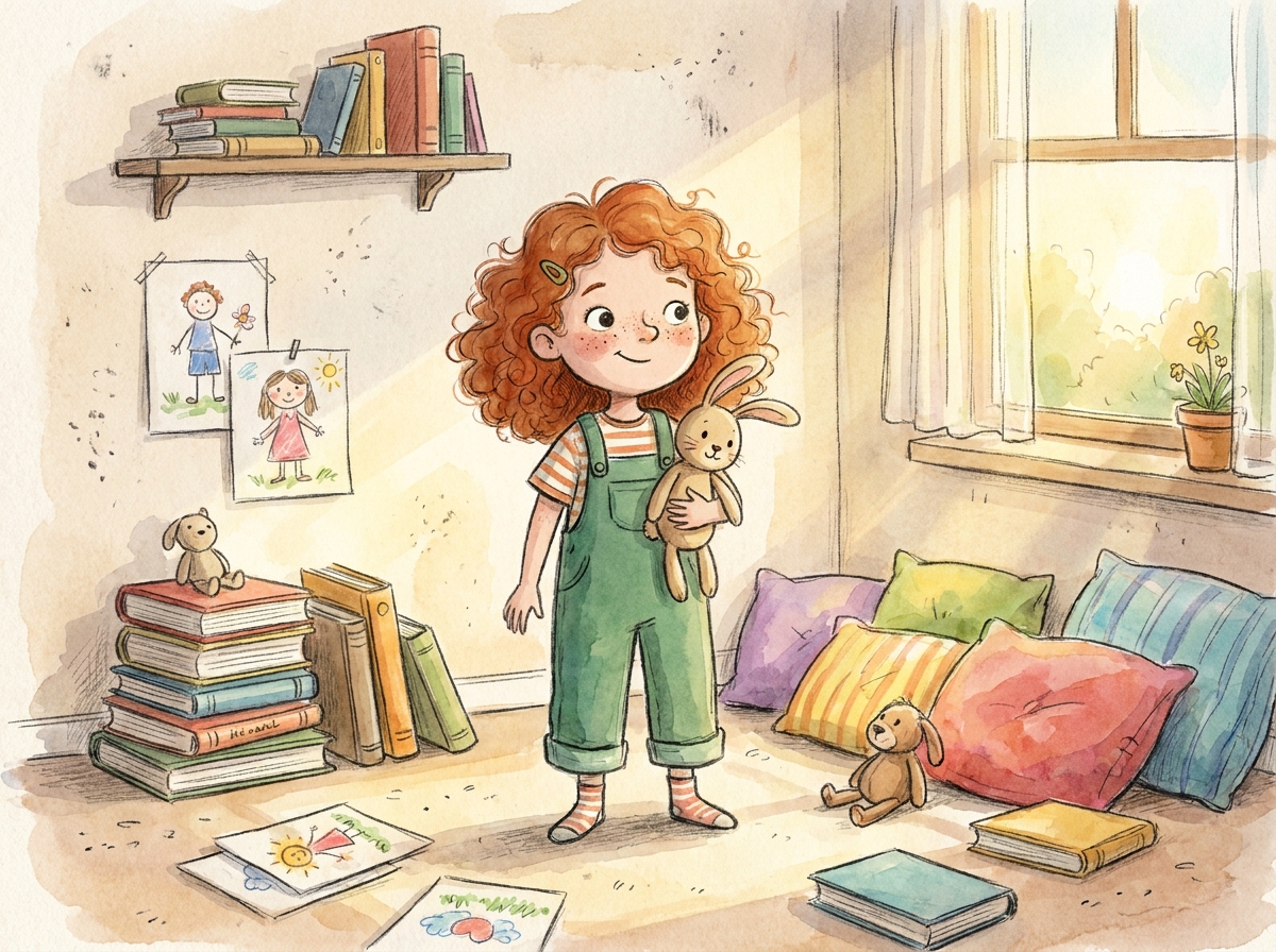 Girl character in a cozy bedroom