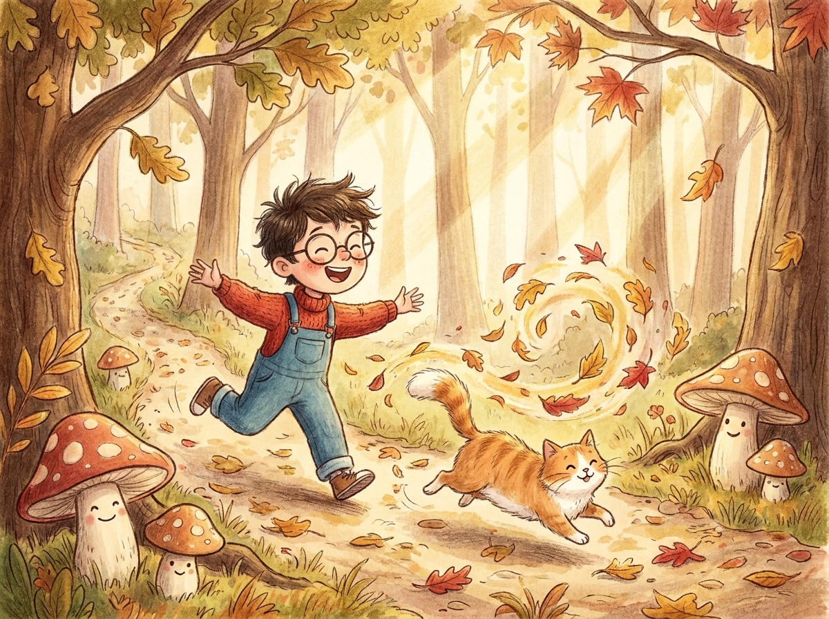 Boy and cat exploring an autumn forest