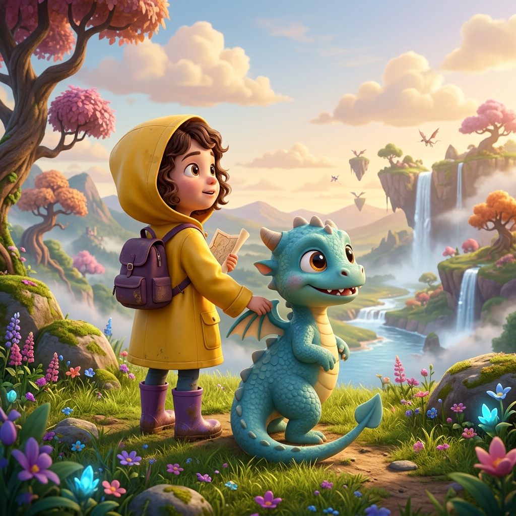 3D cartoon girl and baby dragon fantasy illustration