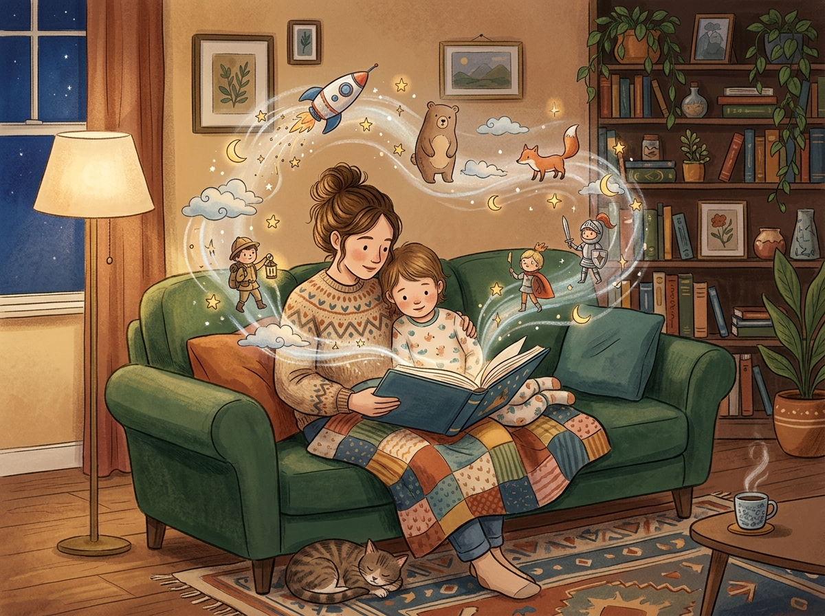 Editorial parent and child reading illustration