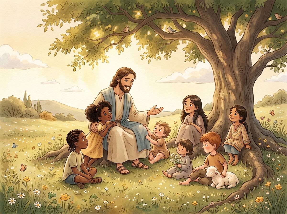 Children's Christian illustration of Jesus with children