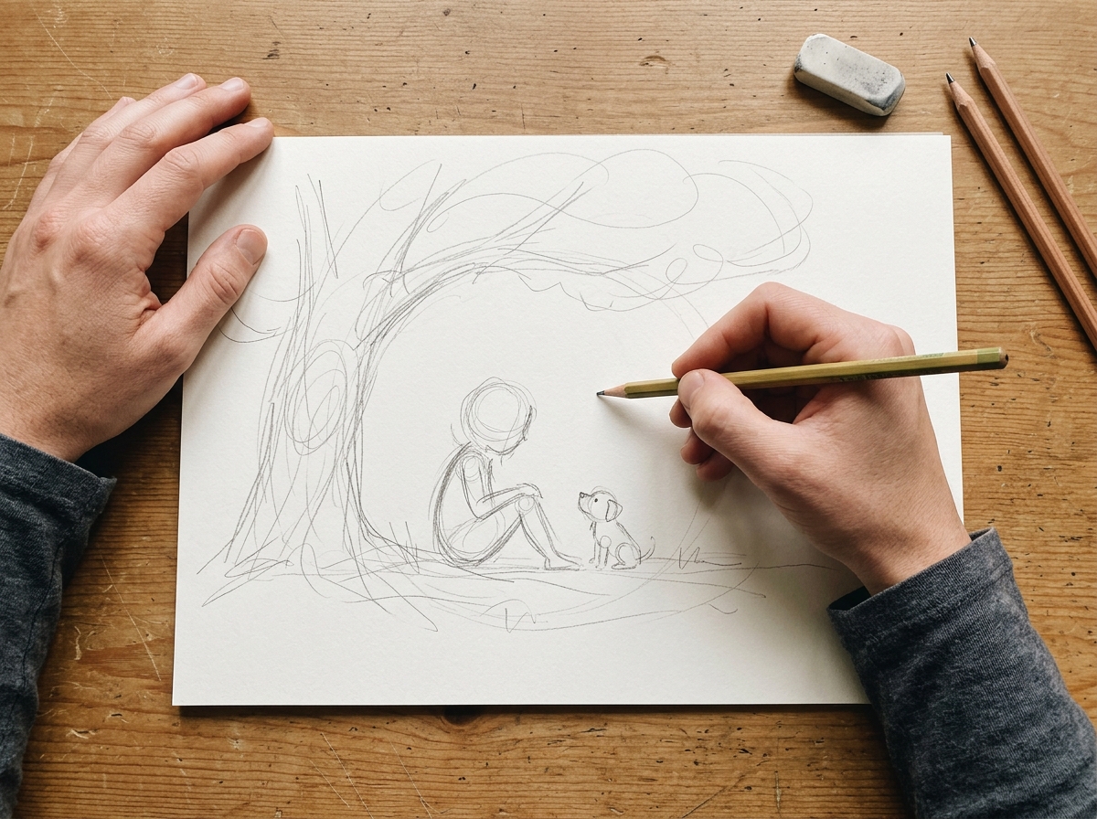 Rough pencil sketch of a girl and puppy under a tree