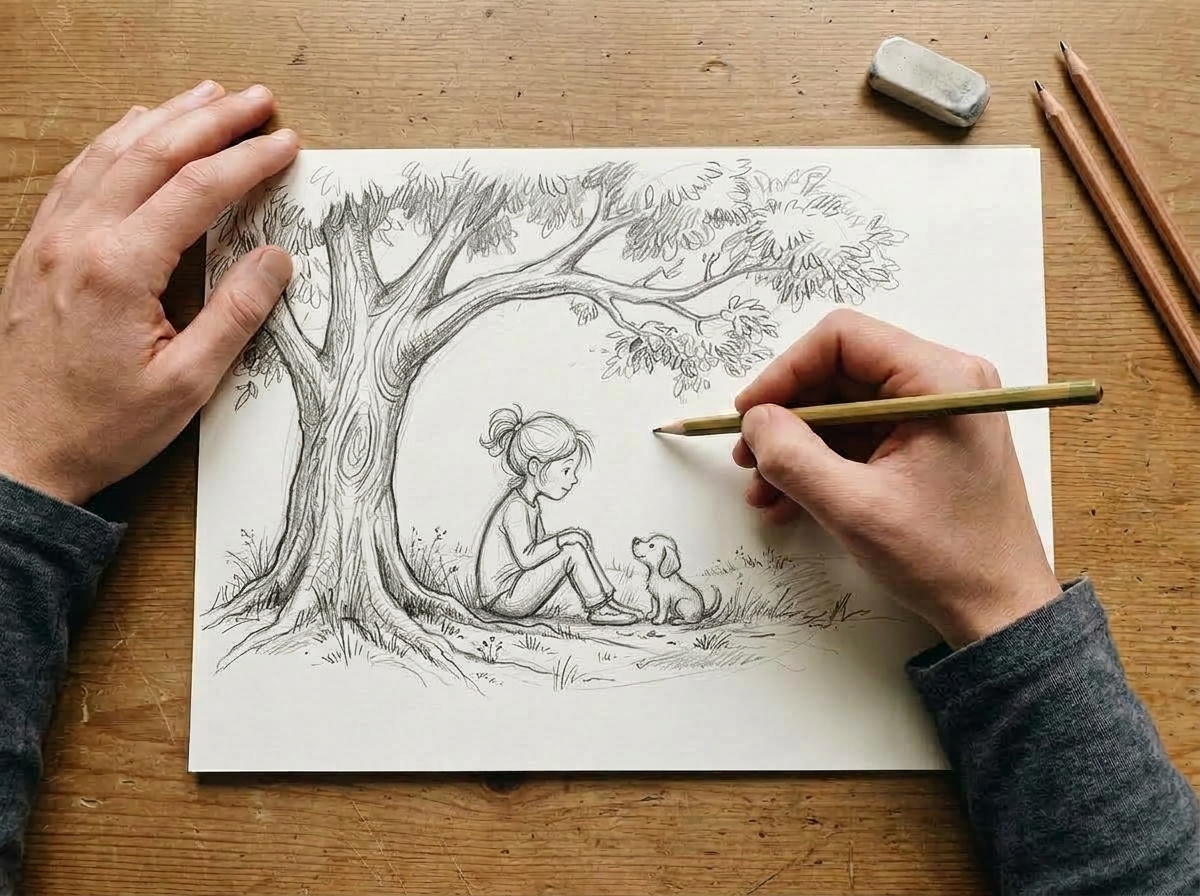 Refined pencil drawing of a girl and puppy under a tree