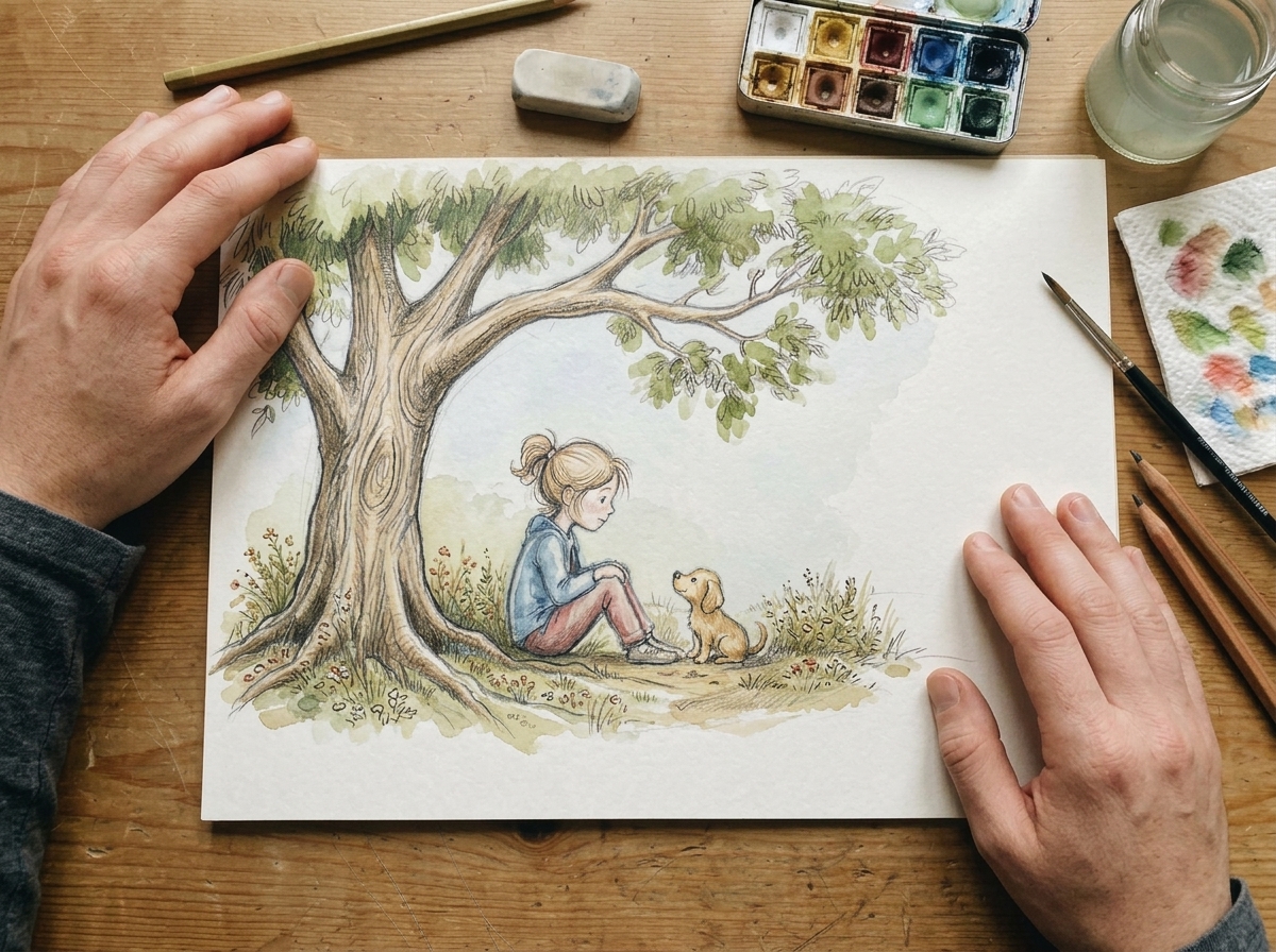 Finished hand-drawn children's illustration of a girl and puppy