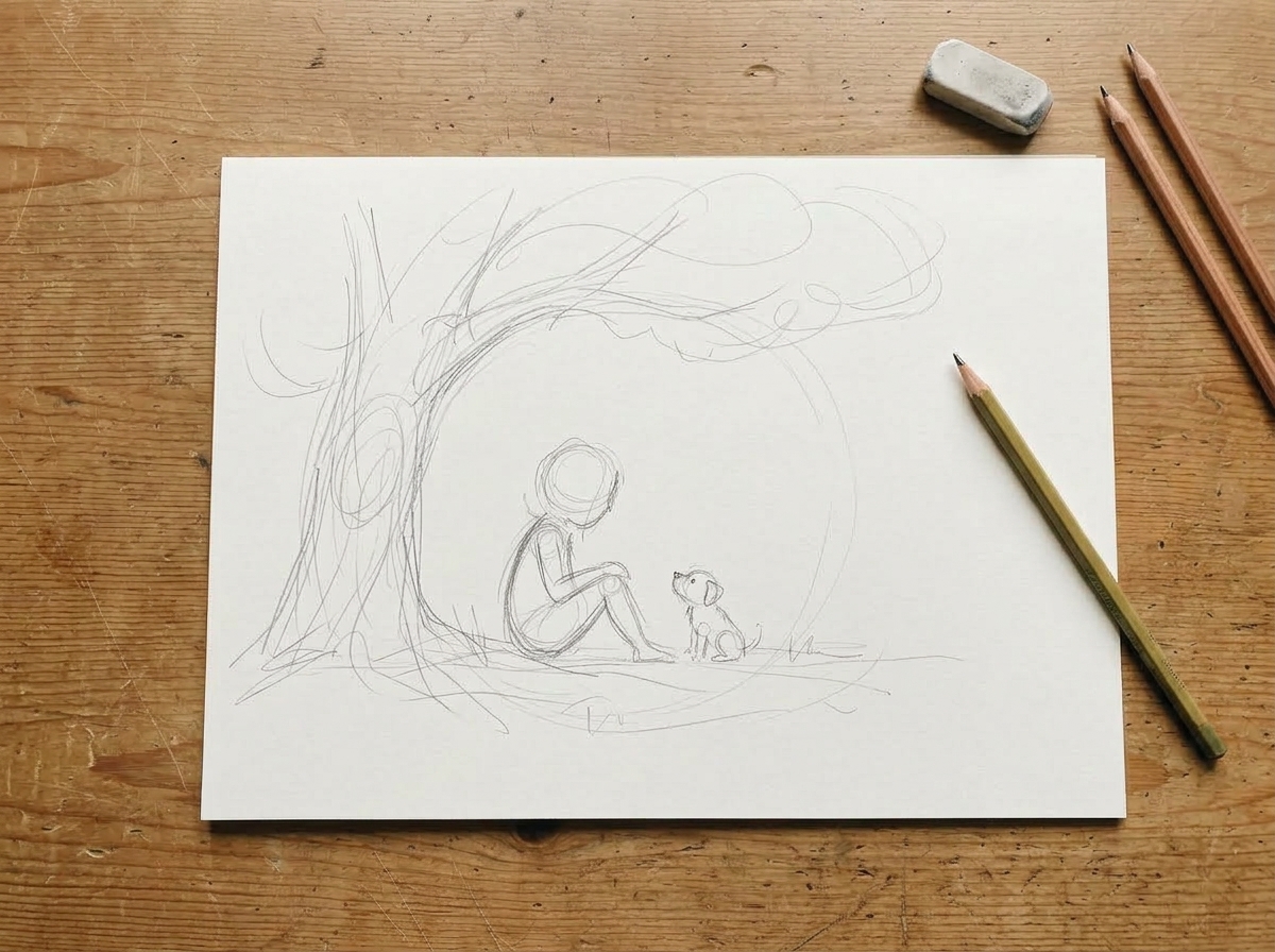 Rough pencil sketch of a girl and puppy under a tree