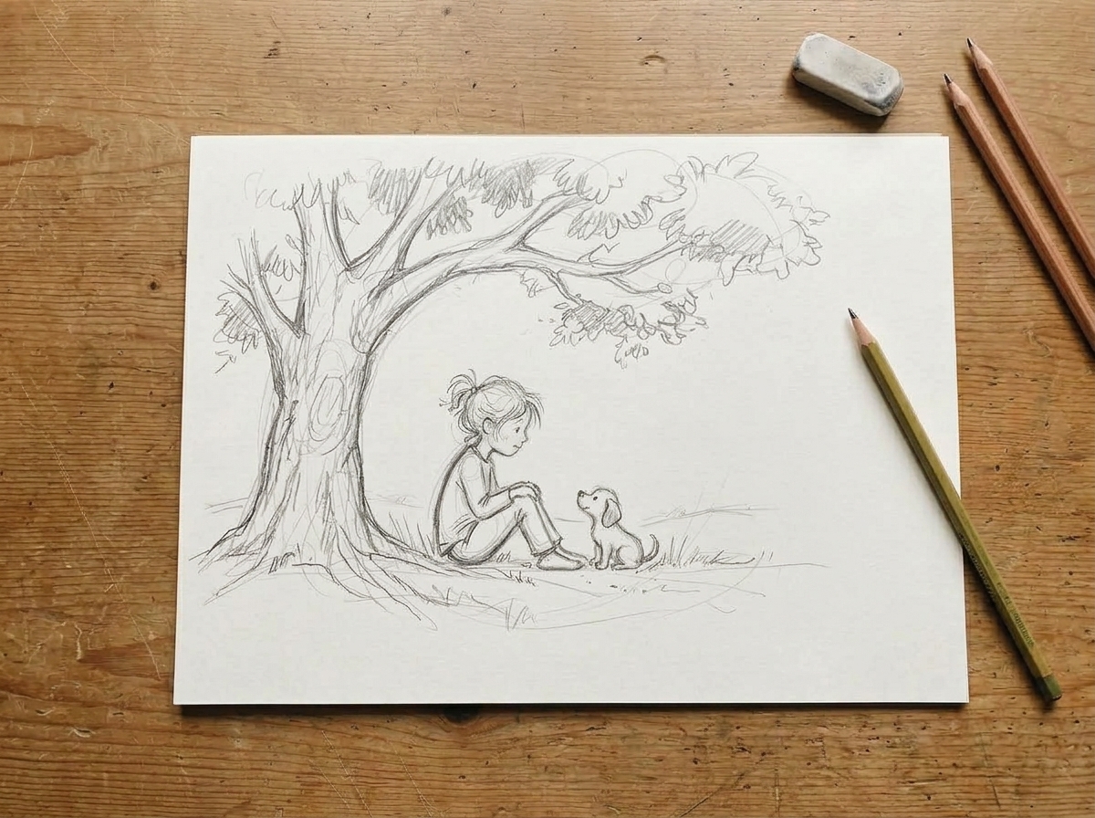 Developing pencil sketch of a girl and puppy under a tree