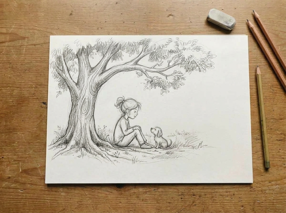 Refined pencil drawing of a girl and puppy under a tree