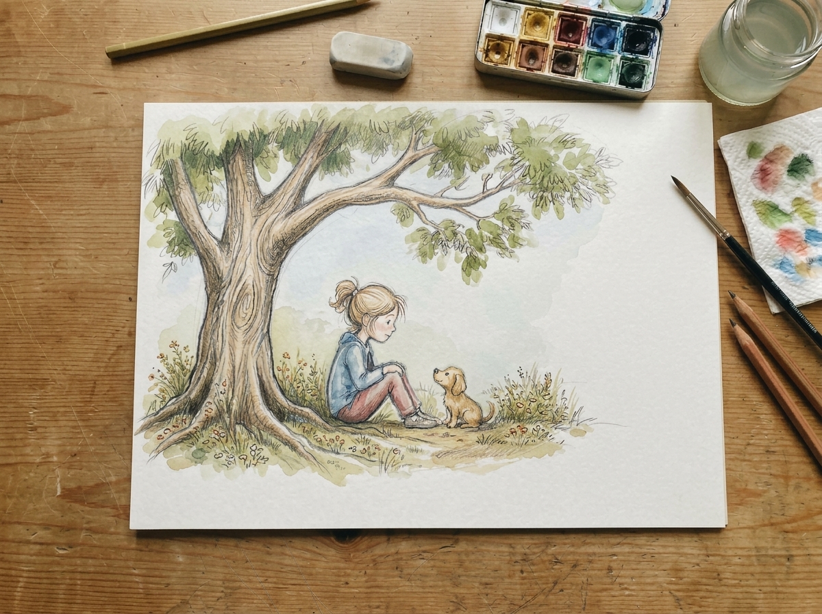 Finished hand-drawn children's illustration of a girl and puppy
